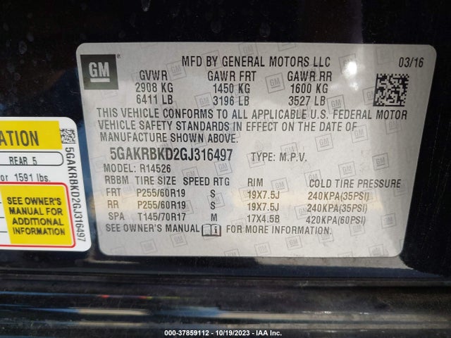 Продаж на аукціоні авто 2016 Buick Enclave Leather, vin: 5GAKRBKD2GJ316497, номер лоту: 37859112