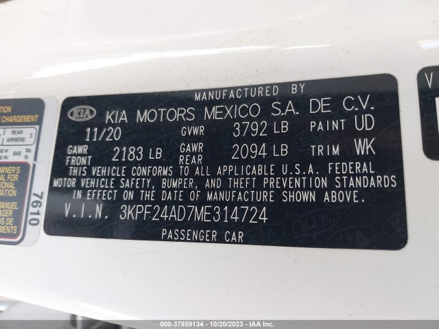 Aukcja sprzedaży 2021 Kia Forte Lxs, vin: 3KPF24AD7ME314724, numer aukcji: 37859134