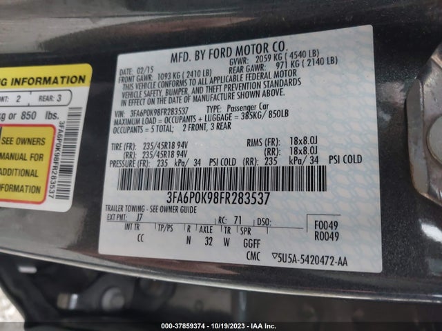 2015 FORD FUSION TITANIUM VIN: 3FA6P0K98FR283537