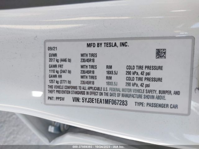 5YJ3E1EA1MF067283 Tesla Model 3 Standard Range Plus