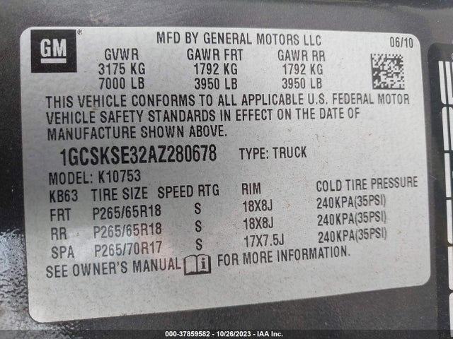 2010 CHEVROLET SILVERADO 1500 LT VIN: 1GCSKSE32AZ280678