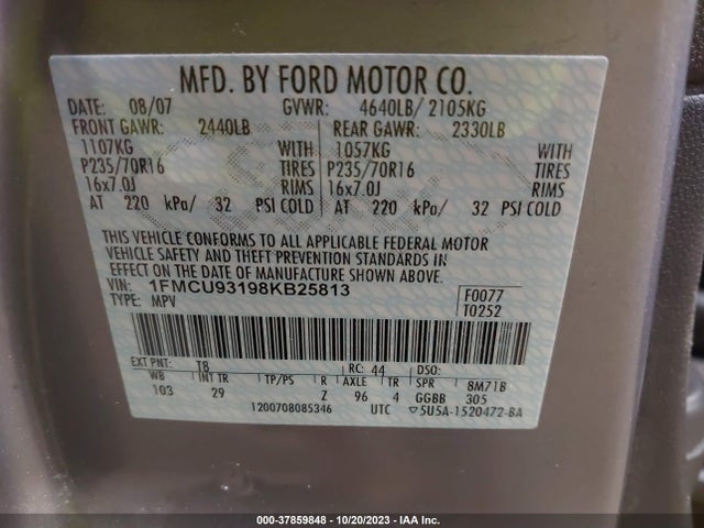 2008 FORD ESCAPE XLT VIN: 1FMCU93198KB25813