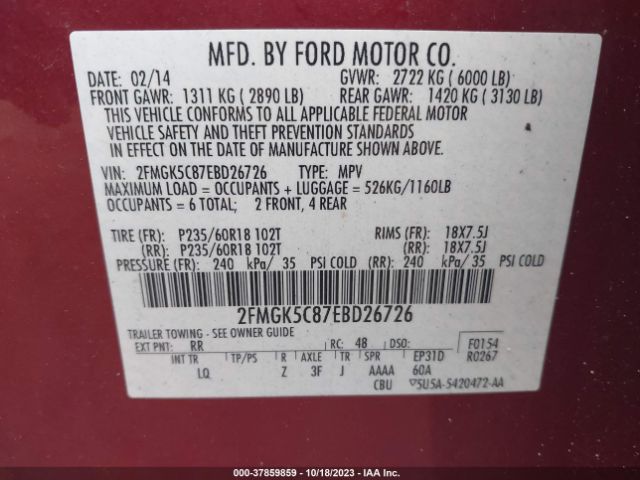 2FMGK5C87EBD26726 Ford FLEX SEL