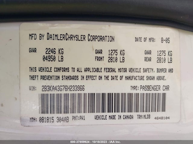 2006 DODGE CHARGER VIN: 2B3KA43G76H233966