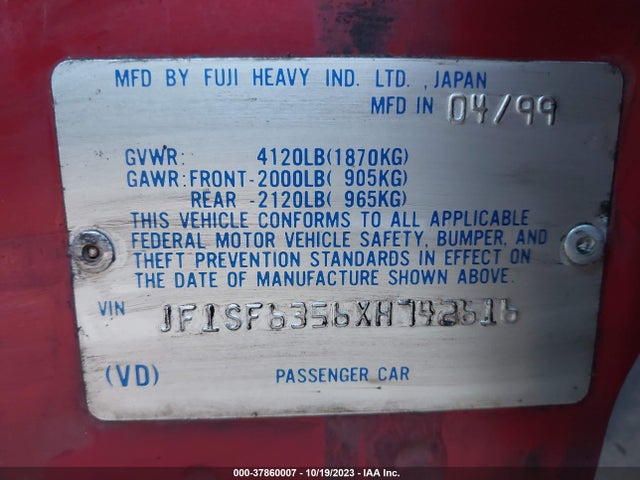 1999 SUBARU FORESTER L VIN: JF1SF6356XH742616