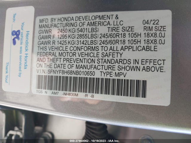 2022 HONDA PASSPORT AWD TRAILSPORT VIN: 5FNYF8H68NB010650