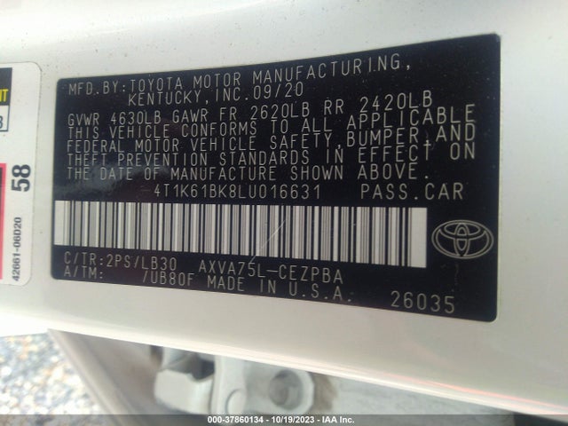 2020 TOYOTA CAMRY XSE VIN: 4T1K61BK8LU016631