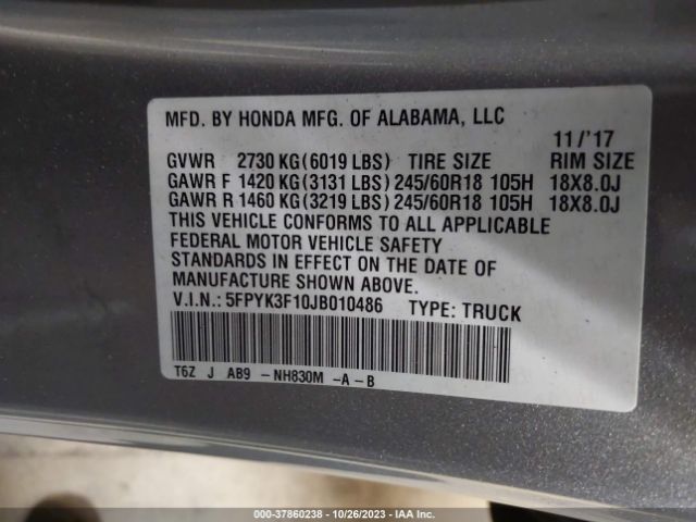 5FPYK3F10JB010486 Honda Ridgeline Sport