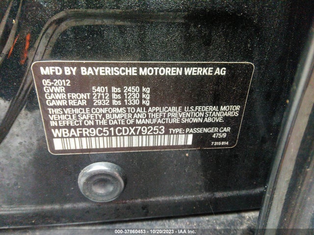 2012 BMW 5 SERIES 550I VIN: WBAFR9C51CDX79253