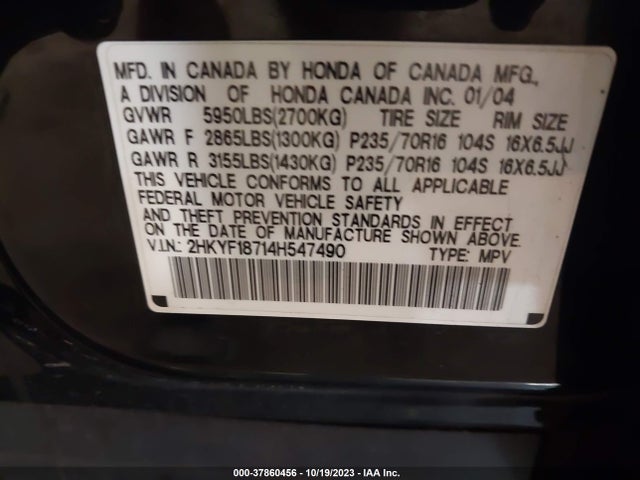 2004 HONDA PILOT EX VIN: 2HKYF18714H547490