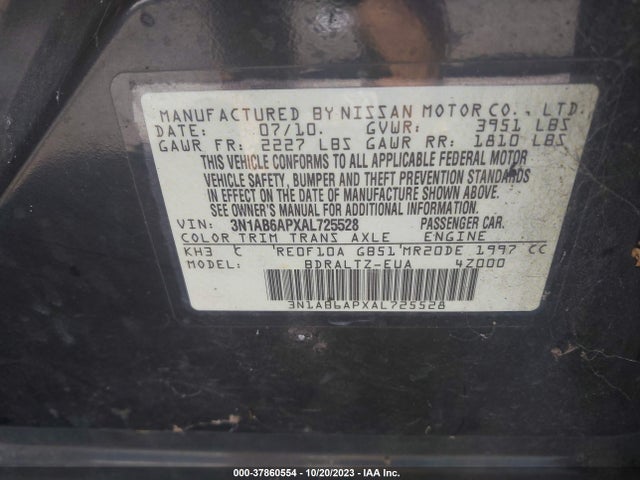 2010 NISSAN SENTRA 2.0 S VIN: 3N1AB6APXAL725528