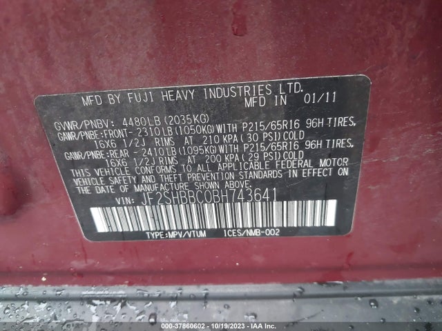2011 SUBARU FORESTER 2.5X VIN: JF2SHBBC0BH743641