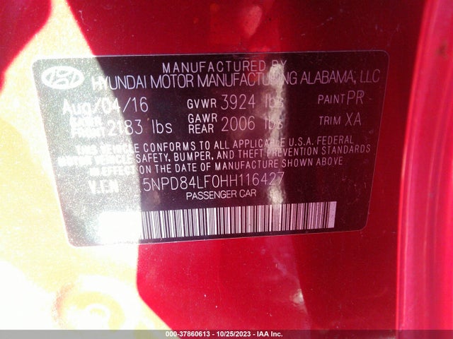 2017 HYUNDAI ELANTRA SE VIN: 5NPD84LF0HH116427