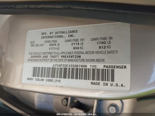 2002 MAZDA 626 LX VIN: 1YVGF22C125267406