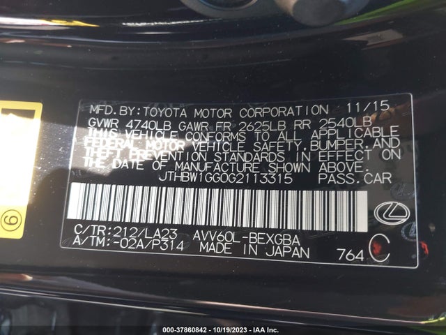 JTHBW1GG0G2113315 Lexus Es 300h Hybrid
