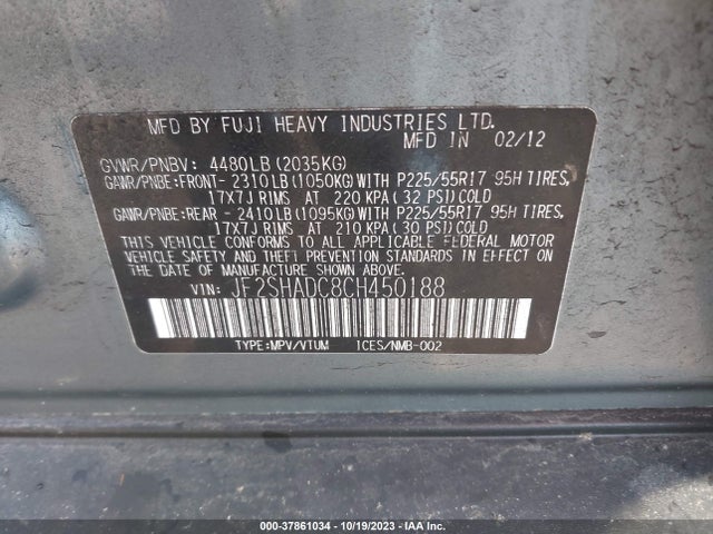 2012 SUBARU FORESTER 2.5X PREMIUM VIN: JF2SHADC8CH450188