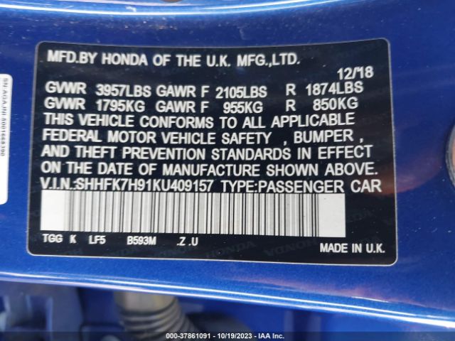 SHHFK7H91KU409157 Honda Civic Hatchback Sport Touring