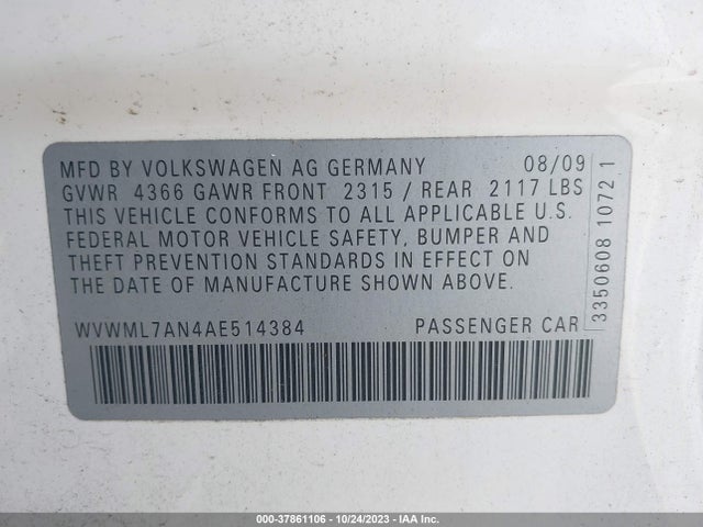 2010 VOLKSWAGEN CC SPORT VIN: WVWML7AN4AE514384