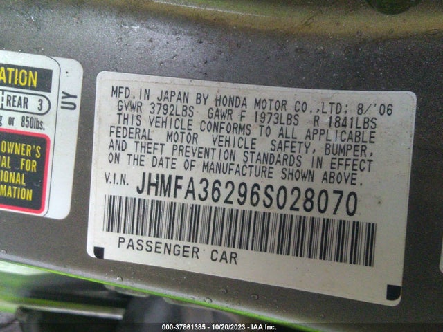 2006 HONDA CIVIC HYBRID VIN: JHMFA36296S028070