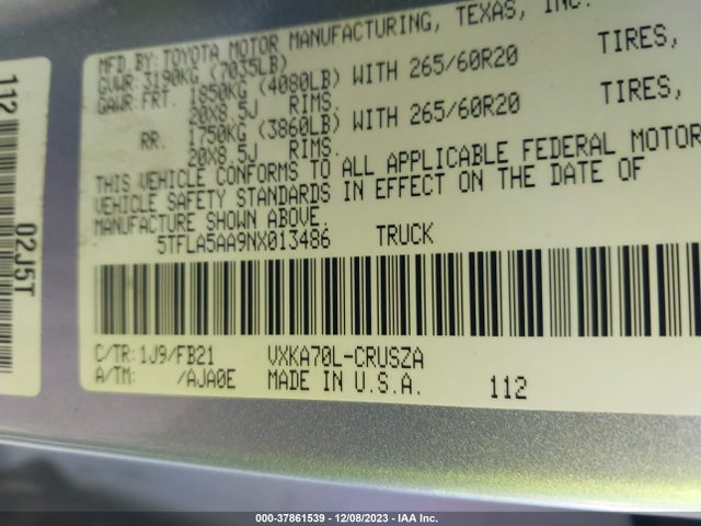 5TFLA5AA9NX013486 Toyota Tundra 2wd Sr5