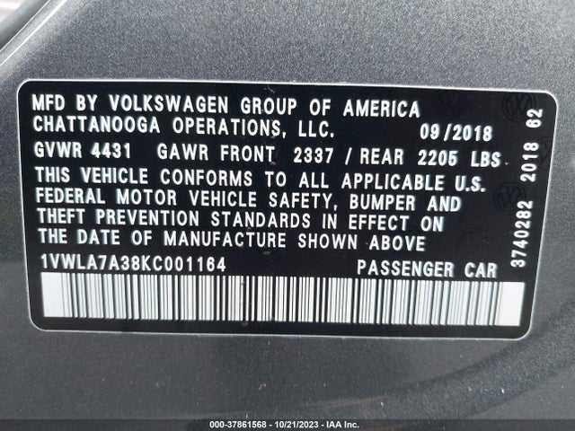 1VWLA7A38KC001164 Volkswagen Passat 2.0t Wolfsburg Edition