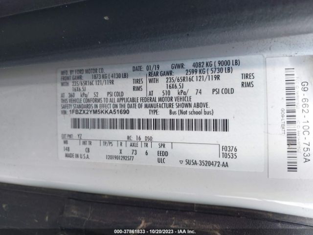 1FBZX2YM5KKA51690 Ford Transit Passenger Wagon Xl/xlt