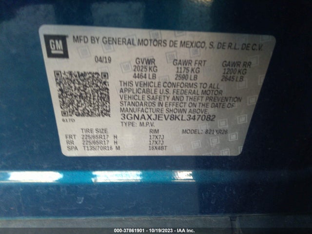 Chevrolet EQUINOX LT 2019 3GNAXJEV8KL347082 Image 9