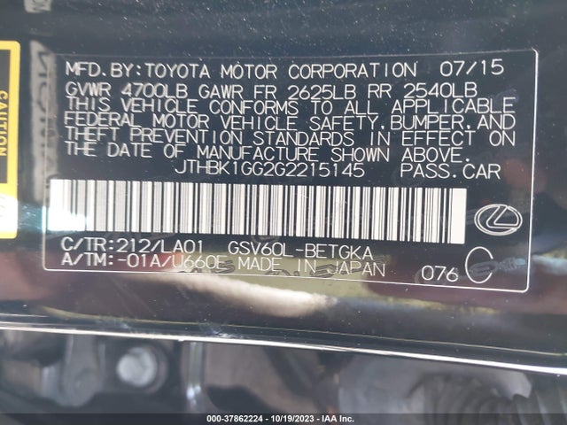 JTHBK1GG2G2215145 Lexus ES 350