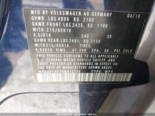 WVGAV7AX7GW612158 Volkswagen TIGUAN S