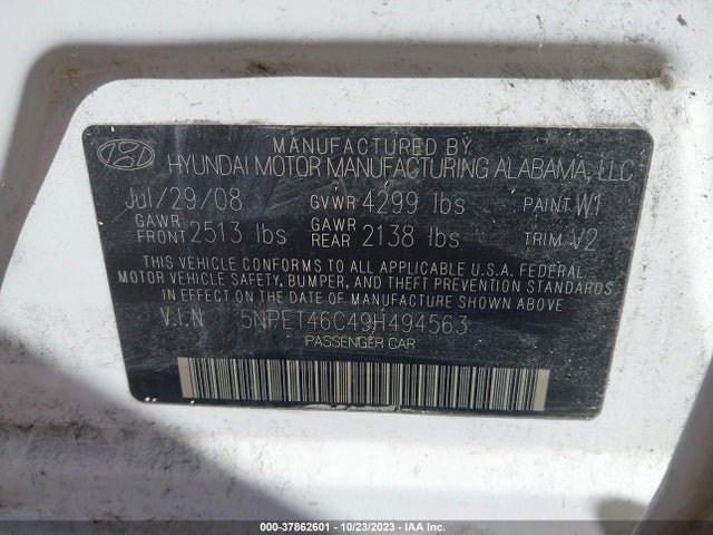 2009 HYUNDAI SONATA GLS VIN: 5NPET46C49H494563