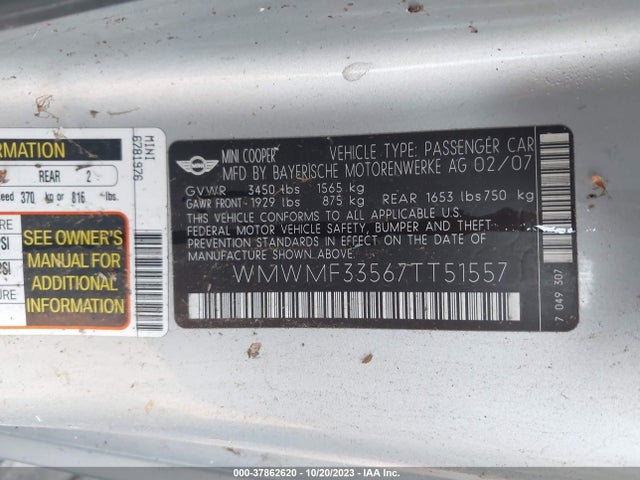 2007 MINI COOPER HARDTOP WMWMF33567TT51557 Photo 8