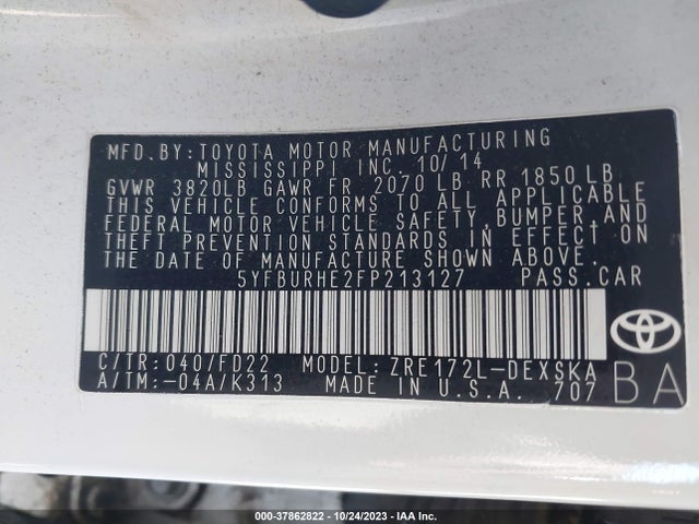 2015 TOYOTA COROLLA L/LE/S/S PLUS/LE PLUS VIN: 5YFBURHE2FP213127