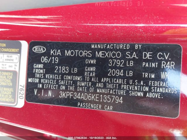 3KPF34AD6KE135794 KIA FORTE S