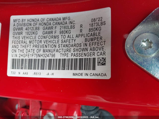Honda CIVIC EX 2022 2HGFE1F75NH324796 Image 9