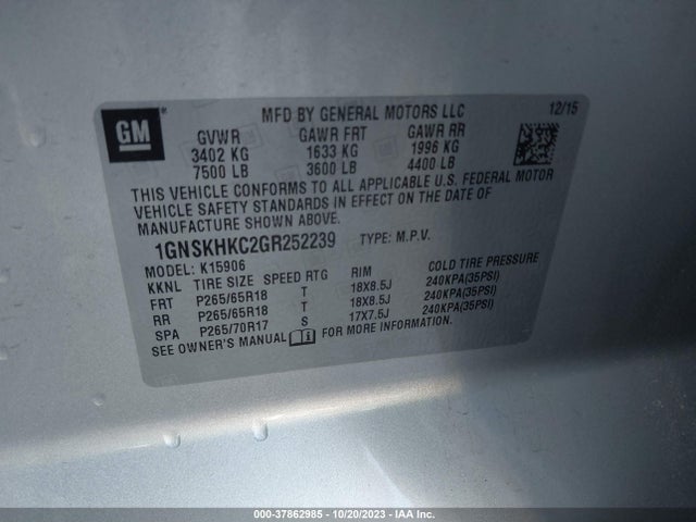 Chevrolet Suburban Lt 2016 1GNSKHKC2GR252239 Image 9