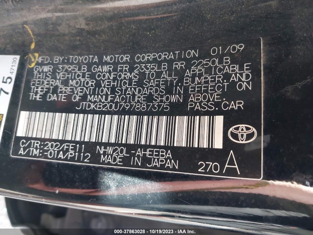 2009 TOYOTA PRIUS VIN: JTDKB20U797887375
