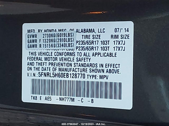 Honda Odyssey Ex-l 2014 5FNRL5H60EB128770 Image 9