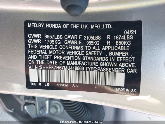 Honda CIVIC EX 2021 SHHFK7H67MU419863 Image 9