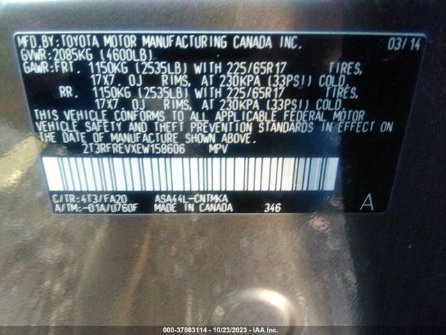2014 TOYOTA RAV4 XLE VIN: 2T3RFREVXEW158606