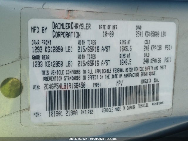 2001 CHRYSLER TOWN & COUNTRY LXI VIN: 2C4GP54L91R168450