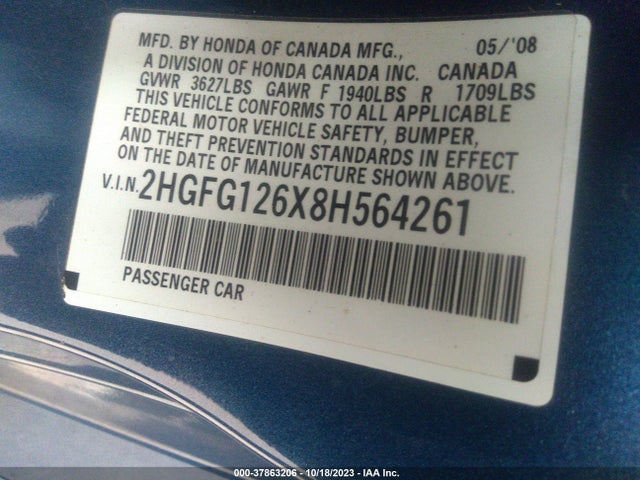 2008 HONDA CIVIC CPE 2HGFG126X8H564261 Photo 8