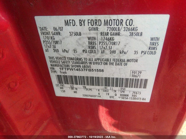 2007 FORD F-150 1FTPW14537FB51558 Photo 8