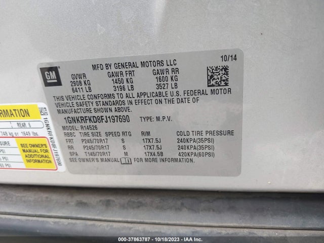 Chevrolet Traverse Ls 2015 1GNKRFKD8FJ197690 Image 9