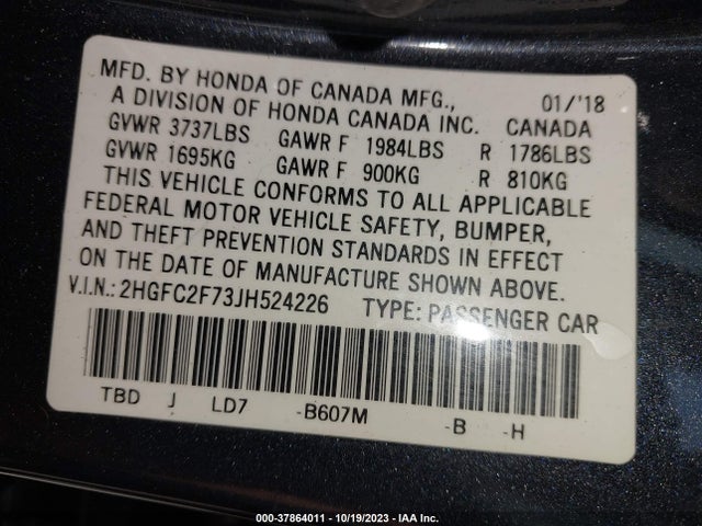 2018 HONDA CIVIC SEDAN EX VIN: 2HGFC2F73JH524226
