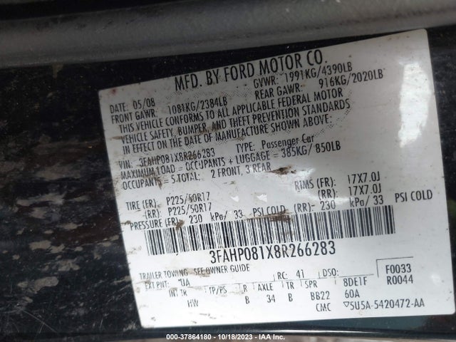 2008 FORD FUSION SEL VIN: 3FAHP081X8R266283