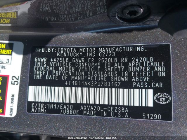 4T1G11AK3PU783167 Toyota Camry Se/se Nightshade