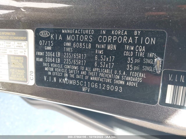 2016 KIA SEDONA LX VIN: KNDMB5C11G6129093