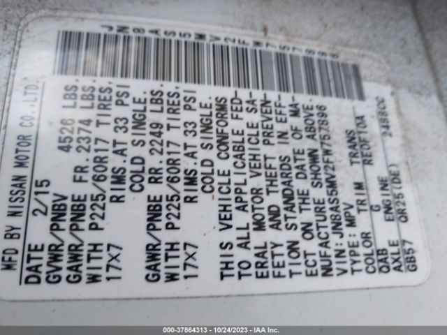JN8AS5MV2FW757896 Nissan Rogue Select S