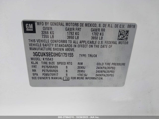2017 CHEVROLET SILVERADO 1500 1LZ VIN: 3GCUKSEC0HG175155