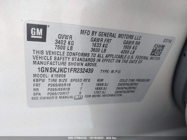 Chevrolet Suburban Lt 2015 1GNSKJKC1FR232439 Image 9
